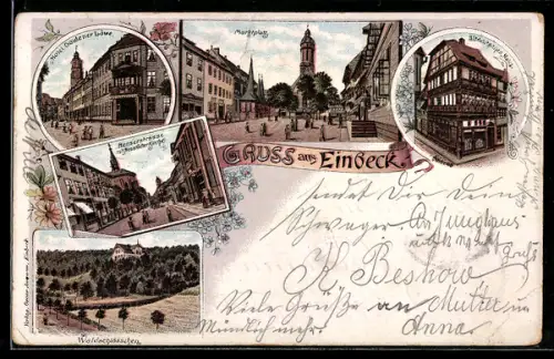 Lithographie Einbeck, Hotel goldener Löwe, Benserstrasse mit Neustädter Kirche, Marktplatz, Waldschlösschen