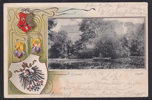 Passepartout-Lithographie Cismar, Ortspartie an der Kapelle mit Ruderboot