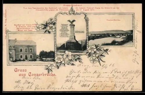 Lithographie Conz, Conzerbrücke, Grana-Denkmal und Gasthof von N. Krämer