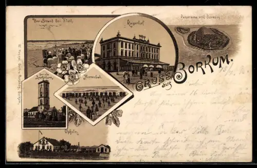 Lithographie Borkum, Kaiserhof, Panorama und Partie am Herrenbad