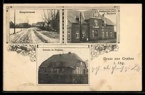 AK Grabau i. Lbg., Gasthaus J. Harders, Hauptstrasse im Winter, Schule