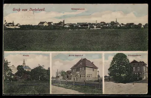 AK Dortelweil, Totalansicht, Kirche, Neuer Bahnhof und Friedenslinde