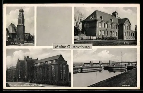 AK Mainz-Gustavsburg, Buch- u.Schreibwarenhandlung Georg Frey, Darmstädter Landstrasse 95, Schule, 4 Ansichten