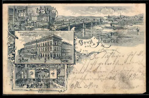 Lithographie Kastel a. Rhein, Bahnhof-Hotel, Bes. F. W. Linke, Saal