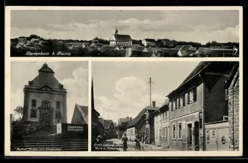 AK Marienborn b. Mainz, Ernst Ludwig-Str., Kolonialwarenhandlung Kath. Happel, Kathol. Kirche