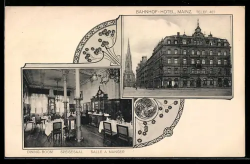AK Mainz, Blick auf Bahnhof-Hotel mit Speisesaal