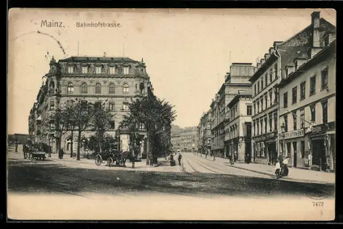 AK Mainz, Bahnhofstrasse mit Geschäften