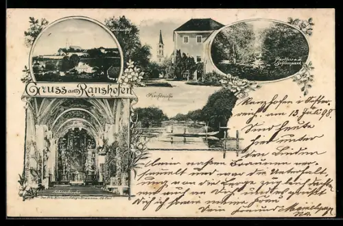 AK Ranshofen, Schloss, Fischteiche, Schlosskirche, Partie im Schlosspark