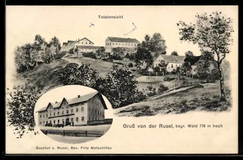 Künstler-AK Eugen Felle: Rusel /Bayr. Wald, Gasthof z. Rusel, Bes. Fritz Matschilles, Totalansicht