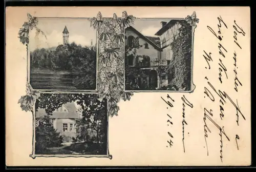 AK Bensheim, Villa Ehler, Passepartout mit Kastanienblüten