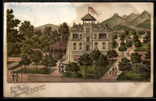 Lithographie Eberstadt / Darmstadt, Hotel Waldfriede
