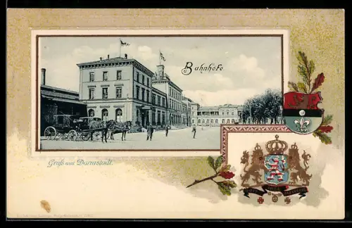 Passepartout-Lithographie Darmstadt, An den Bahnhöfen, Stadtwappen