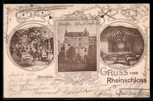 AK Oberwesel, Gasthof Rheinschloss, Garten, Konzertsaal, Jugendstil-Passepartout