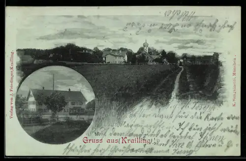 Mondschein-AK Krailling, Gasthaus und Ortsansicht