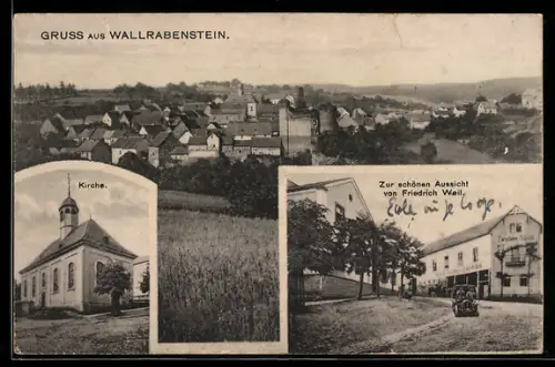 AK Wallrabenstein, Gasthaus zur schönen Aussicht, Bes. Friedrich Weil, Kirche