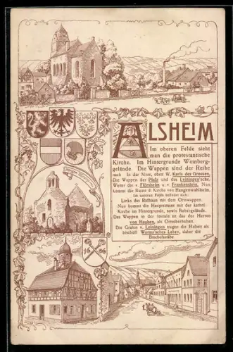 Lithographie Alsheim, Strassenpartie m. Pferdewagen, Kirchenruine m. Grabstein