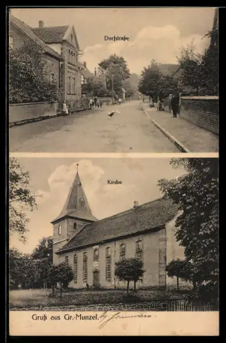 AK Gr.-Munzel, Dorfstrasse, Blick zur Kirche