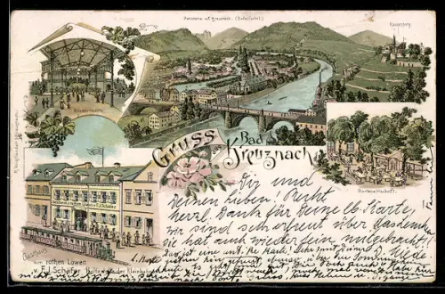 Lithographie Bad Kreuznach, Gasthaus zum rothen Löwen, Elisabethquelle, Panorama
