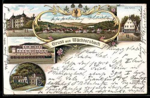 Lithographie Wächtersbach, Altes Rathaus, Schloss, Bahnhof