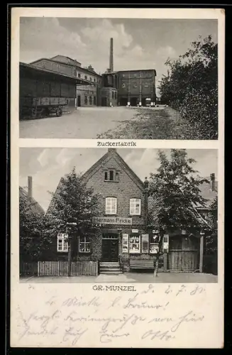 AK Gr. Munzel, Blick zur Zuckerfabrik, Geschäft Hermann Fricke