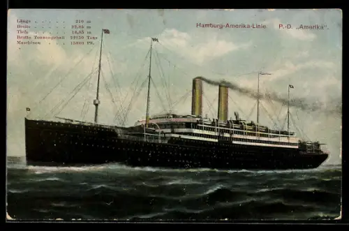 AK Passagierschiff Amerika der Hamburg-Amerika-Linie auf See