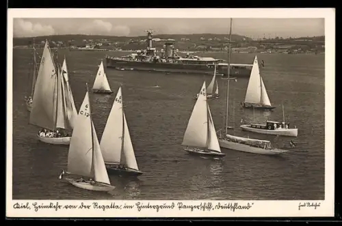 AK Panzerschiff Deutschland der Kriegsmarine in Kiel und heimkehrende Yachten nach einer Regatta