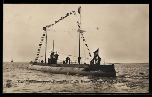 AK Frachttauchboot Deutschland nach Rückkehr aus Baltimore 1916 fährt die Weser aufwärts nach Bremen