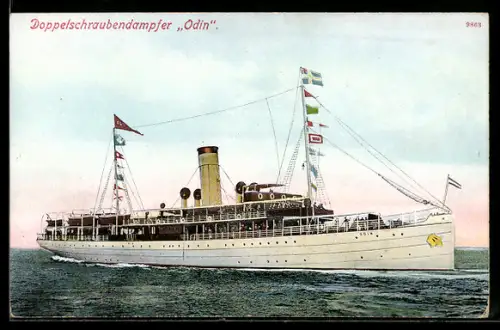 AK Passagierschiff Odin auf hoher See mit Beflaggung