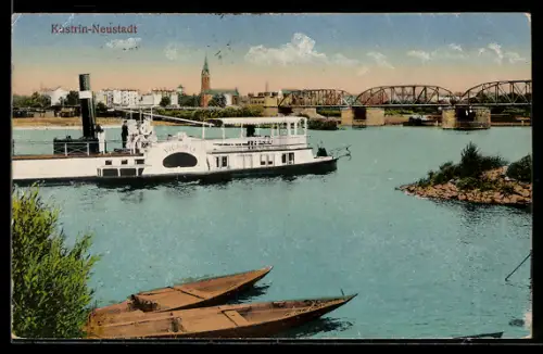 AK Küstrin-Neustadt, Raddampfer Victoria vor der Oderbrücke, Binnenschiff