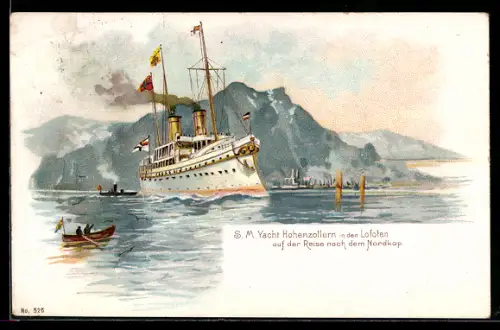Lithographie S.M. Yacht Hohenzollern in den Lofoten auf der Fahrt zum Nordkap