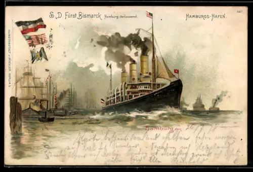 Lithographie Passagierschiff Fürst Bismarck verlässt den Hamburger Hafen