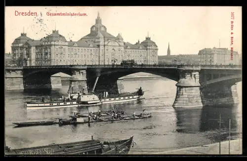 AK Raddampfer Kaiser Franz Josef auf der Elbe in Dresden am Gesamtministerium