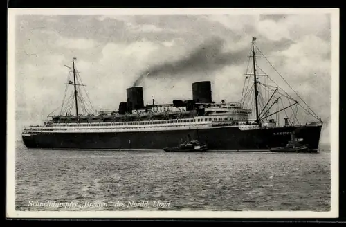 AK Passagierschiff Bremen des Norddeutschen Lloyd Bremen mit zwei Dampfschleppern