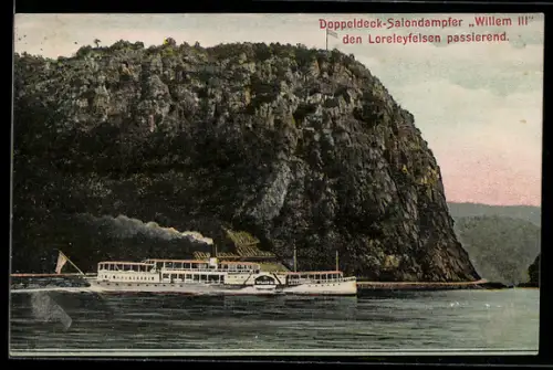 AK Raddampfer Willem III auf dem Rhein vor dem Loreleyfelsen