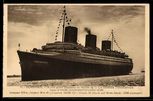 AK Passagierschiff Normandie der Cie. Générale Transatlantique der Linie Le Havre-New York