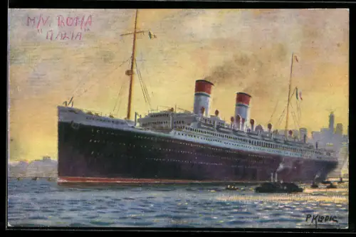 Künstler-AK Passagierschiff S.S. Roma der Italian Line auf Reede vor dem Hafen