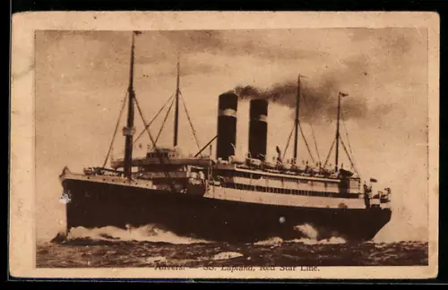 AK Passagierschiff S.S. Lapland der Red Star Line in voller Fahrt