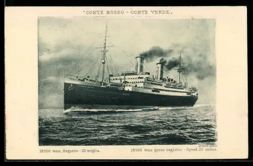 AK Passagierschiff Conte Rosso vom Lloyd Sabaudo auf hoher See