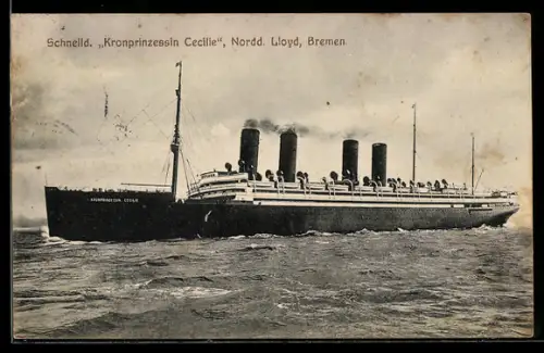 AK Passagierschiff Kronprinzenssin Cecilie vom Norddeutschen Lloyd Bremen auf See