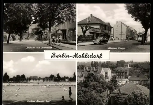 AK Berlin-Mahlsdorf, Postamt und Oberschule, Hönower Strasse, Freibad