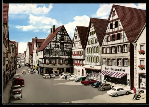 AK Riedlingen an der Donau, Unterer Marktplatz, Fachwerkhäuser, Geschäft Karl Gaissmaier