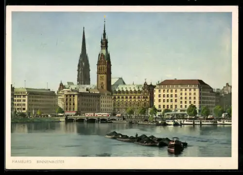 AK Hamburg, Binnenalster mit Brückenpanorama, Kohlenschuten für Gaswerk Barmbek