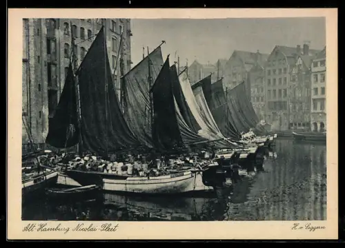 AK Alt-Hamburg, Nicolai-Fleet, Segelschiffe, historische Speicherhäuser