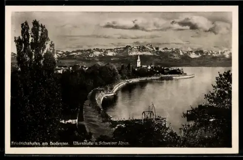 AK Friedrichshafen am Bodensee, Ortsansicht mit Uferstrasse, Schweizer Alpen