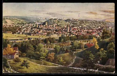 Künstler-AK Ravensburg, Ortsansicht mit umliegender Landschaft
