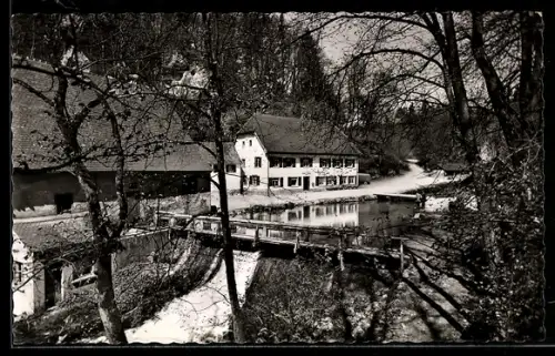 AK Wimsen /Zwiefalten, Wimsener Höhle, Gasthaus zur Friedrichshöhle, Brücke, Wehr