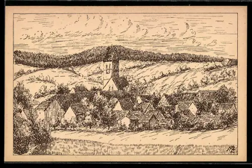 Künstler-AK Ostrach /Hohenzollern, Ortsansicht mit Kirche und umliegender Landschaft