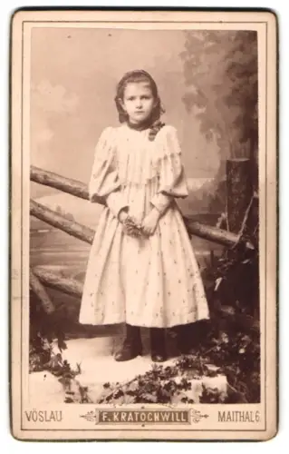 Fotografie F. Kratochwil, Vöslau, Maithal 6, Mädchen im weissen Kleid mit Blumenstrauss