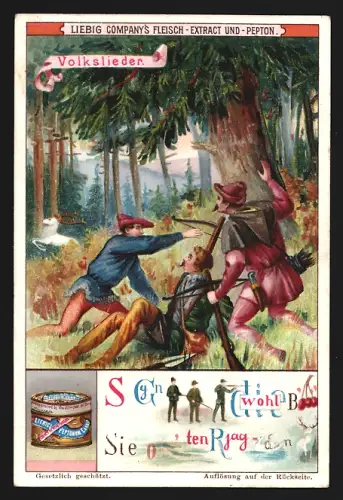 6 Sammelbilder Liebig, Serie Nr. 548: Volkslieder, Rebus, Ich weiss nicht, was soll es bedeuten, Der Mai ist gekommen