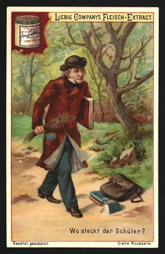 6 Sammelbilder Liebig, Serie Nr. 560: Rätselbilder, Wo steckt der Schüler, Wo ist das Reh, Wer findet den Fuchs